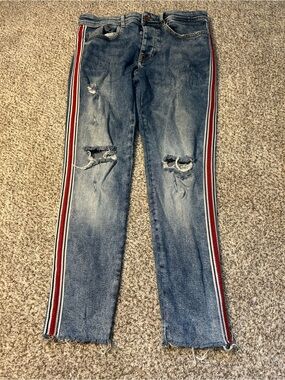 Zara Blue Skinny Jeans with Red White Black Side Stripes